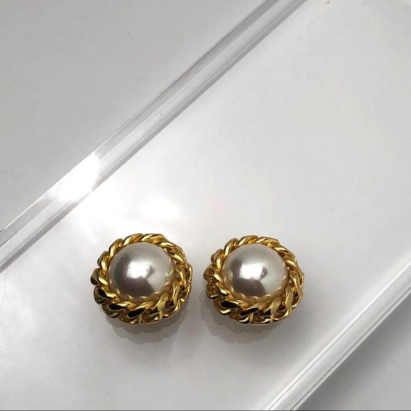 VTG CHRISTIAN DIOR FAUX PEARL CHAIN LINK EARRINGS - Picture 3 of 12